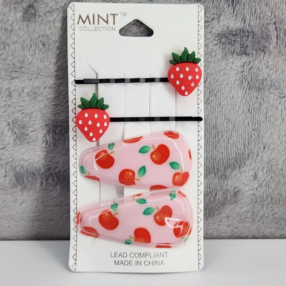 4 pc Fruit Hair Accessories 2 Strawberry bobby pins 2 Cherry snap barrette clips